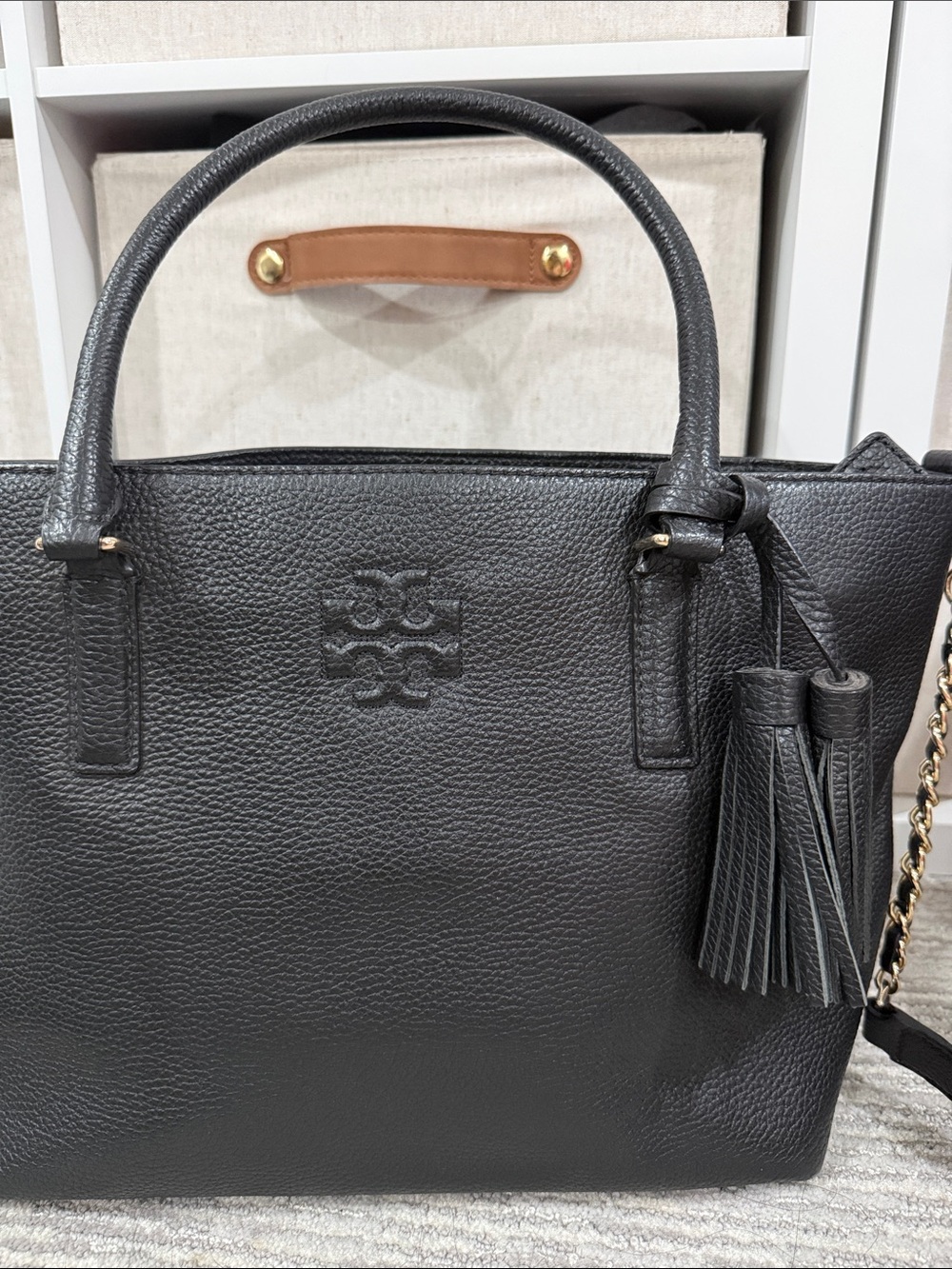 Tory Burch Black Pebbled Leather Tassel Tote with Chain Strap - Picture 2 of 3